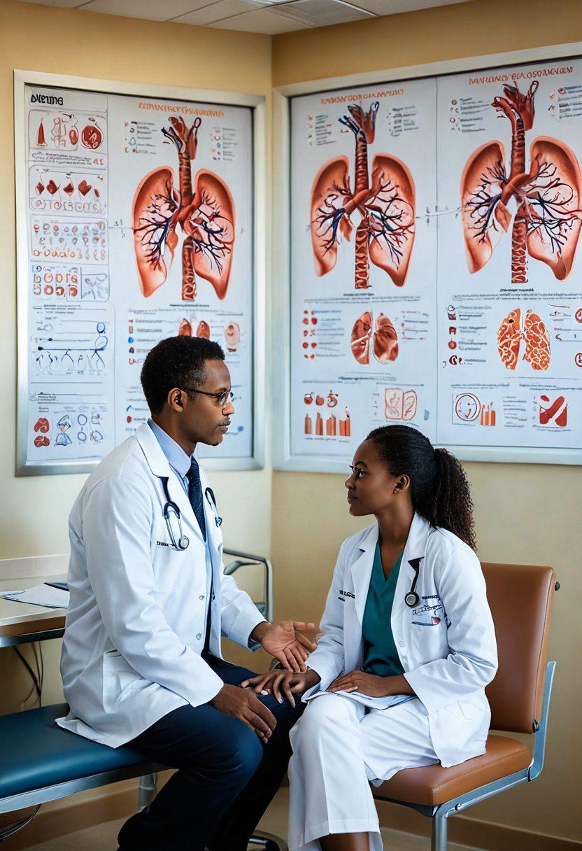 A serene hospital setting with a doctor and a patient engaged in a compassionate discussion over kidney treatment options. The background features anatomical diagrams of the kidneys and vibrant charts depicting patient rights. Soft natural light illuminates the room, reflecting a sense of trust and understanding. Emphasize a diverse group of patients to represent autonomy in healthcare. super-realistic. warm tones. healthcare setting.