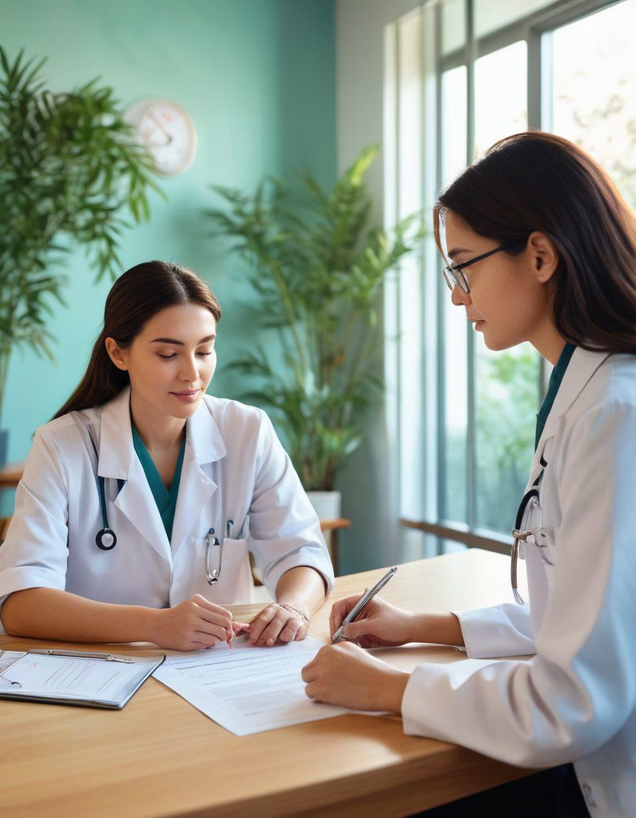 A serene healthcare setting with a patient and doctor discussing a dialysis treatment plan, emphasizing a consent form on the table between them. The patient looks engaged and informed, surrounded by calming colors and medical diagrams in the background that signify understanding. Soft lighting enhances a feeling of trust and collaboration. super-realistic. vibrant colors. soft focus.