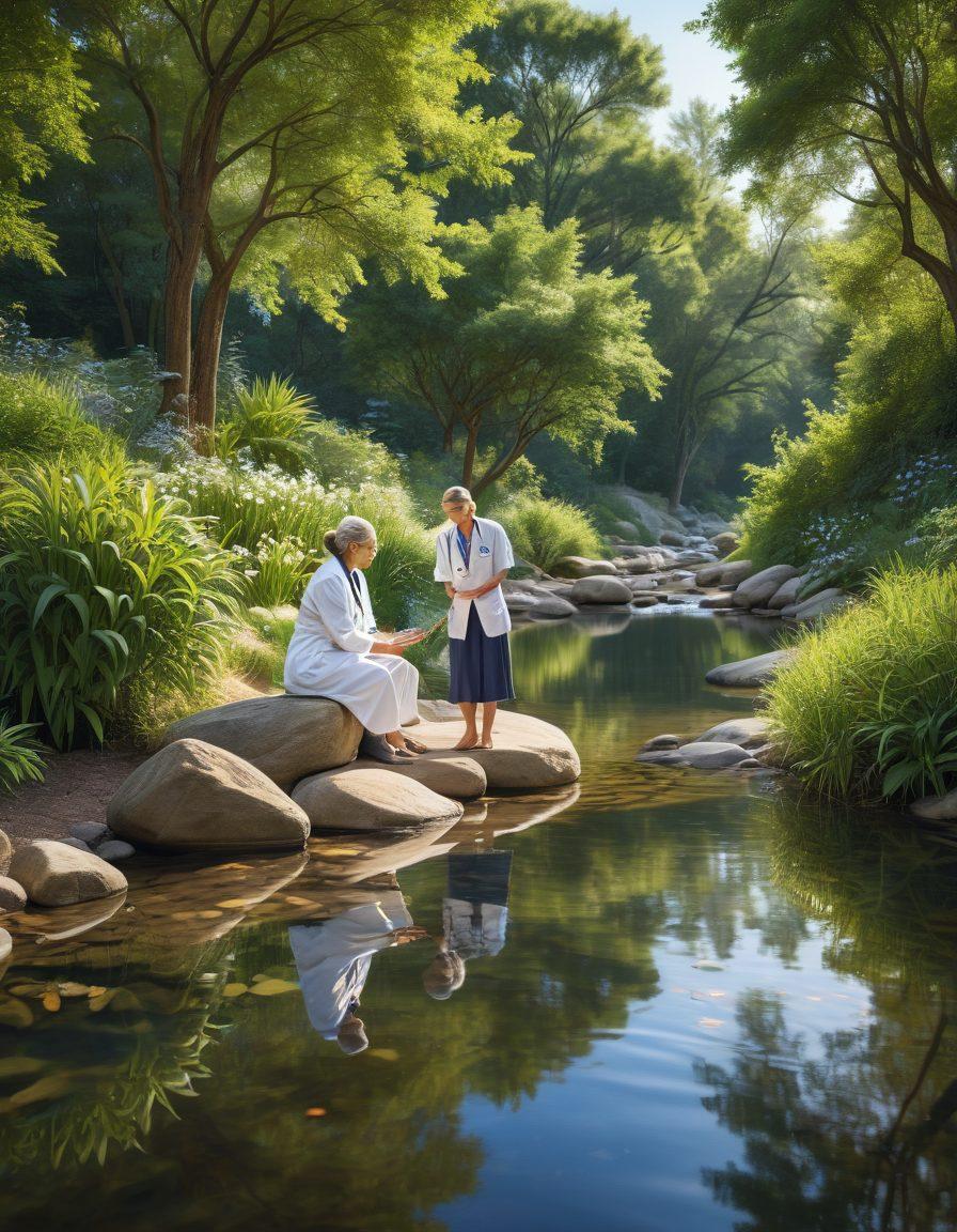 A serene water scene depicting a doctor and patient in consultation near a gentle stream, with symbols of ethical choices like scales and hearts subtly integrated into the flowing water. Surrounding them are lush greenery and calm blue skies, representing hope and autonomy. The patient appears empowered, confident, and engaged in their care decisions. super-realistic. vibrant colors. peaceful atmosphere.